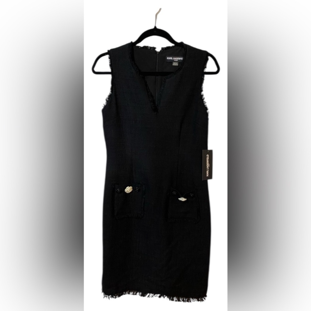 NWT Karl Lagerfeld Tweed black sleeveless dress with pockets chanel vibes size 6